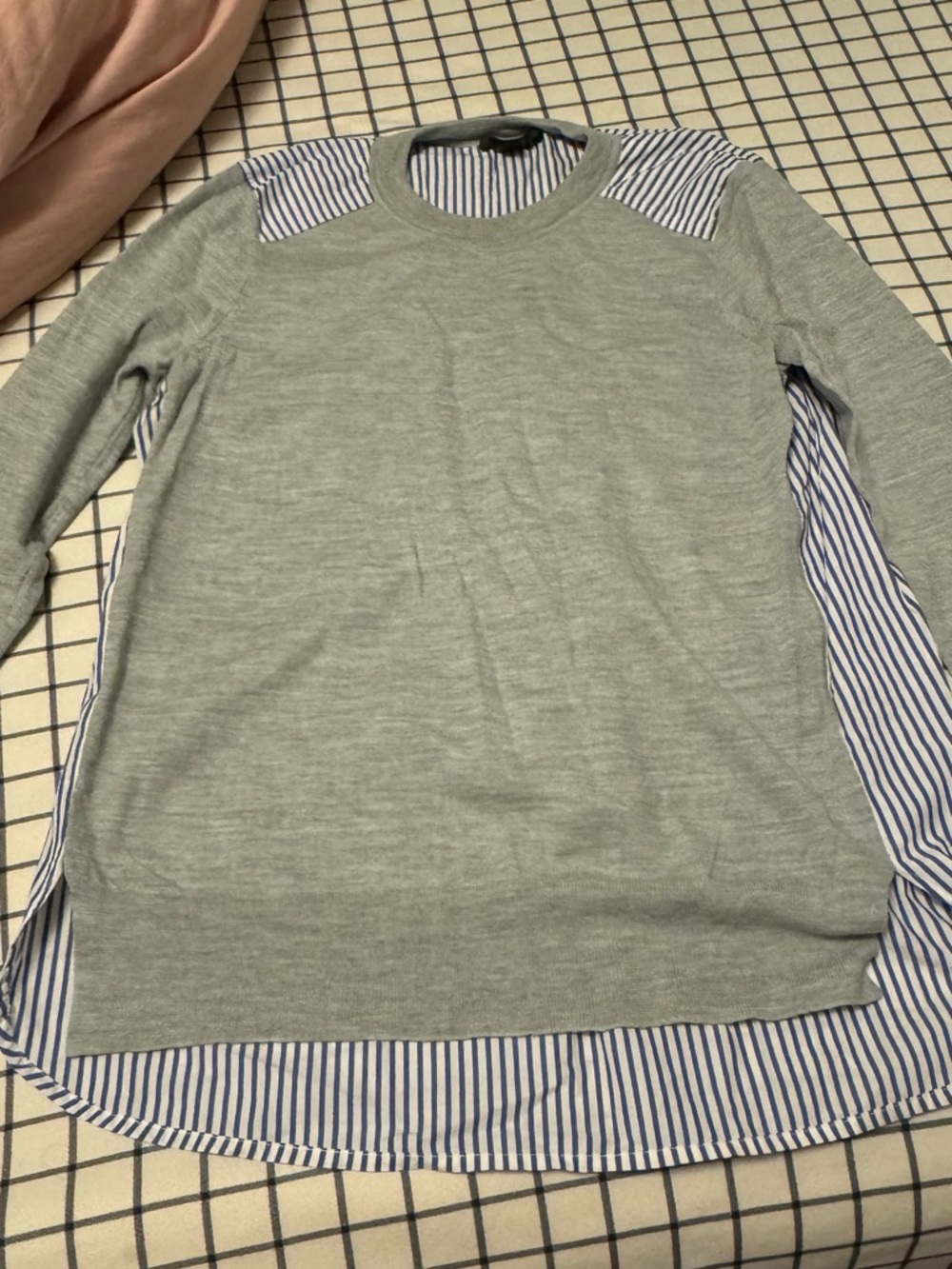 J. Crew Grey Sweater with Blue and White Striped Shirt Detail